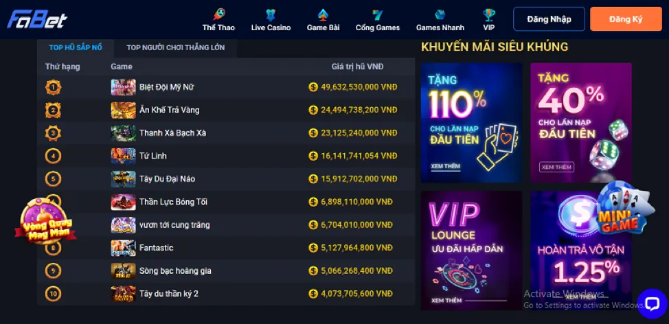 Thưởng nóng casino trực tuyến Gamvip